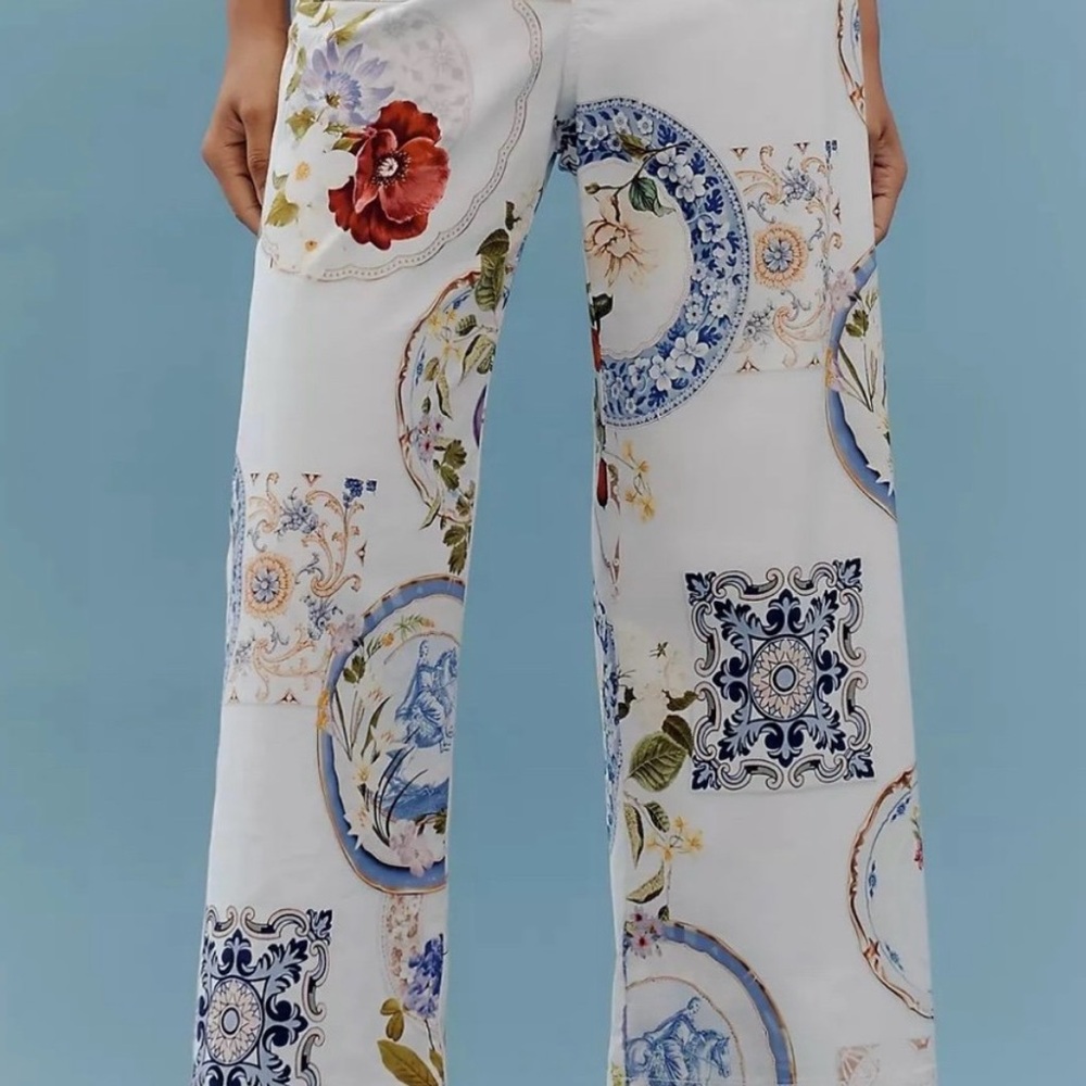 Anthropologie White and Blue Wide Leg Pants